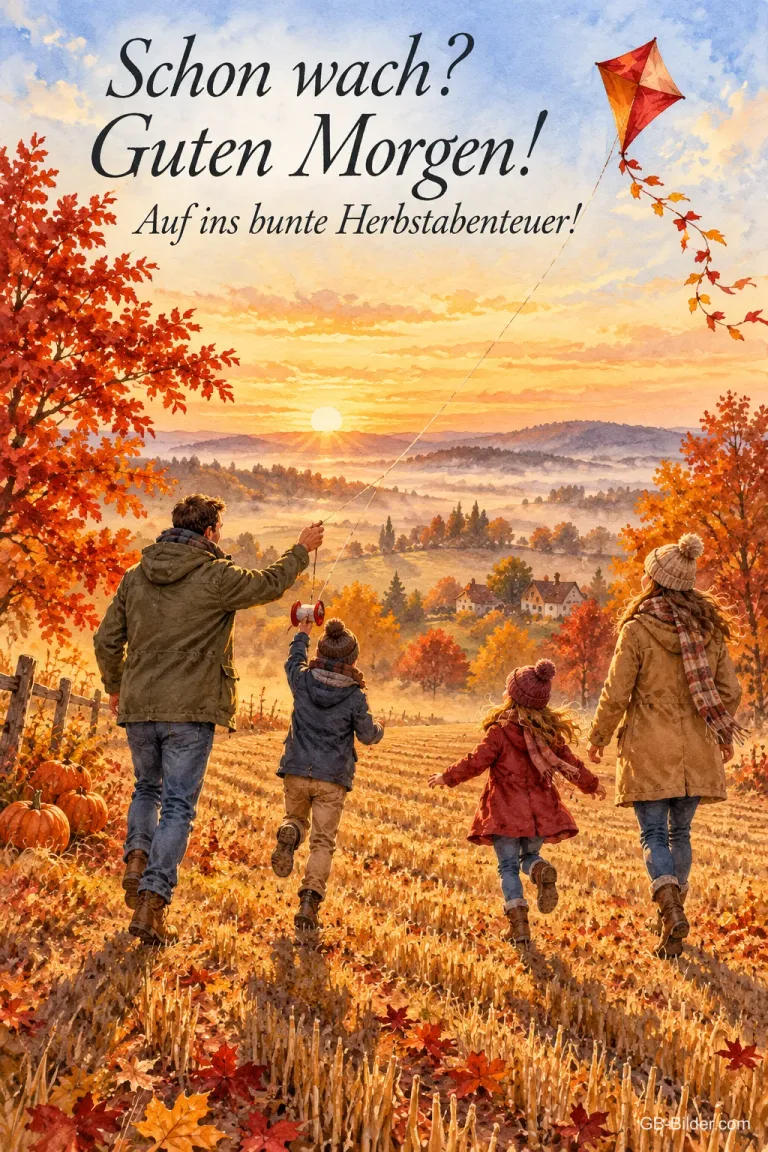 Familie läuft mit einem Drachen über ein Stoppelfeld, Text: Schon wach? Guten Morgen! Auf ins bunte Herbstabenteuer!