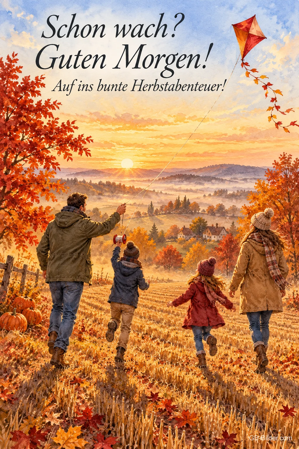 Familie läuft mit einem Drachen über ein Stoppelfeld, Text: Schon wach? Guten Morgen! Auf ins bunte Herbstabenteuer!