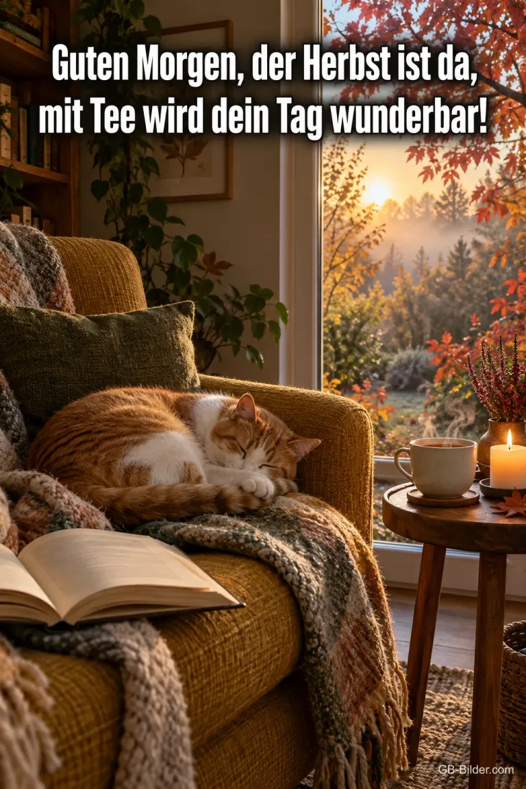 Katze schläft im Sessel neben Tee und Kerze, draußen Herbstlaub, Text: Guten Morgen, der Herbst ist da, mit Tee wird dein Tag wunderbar!
