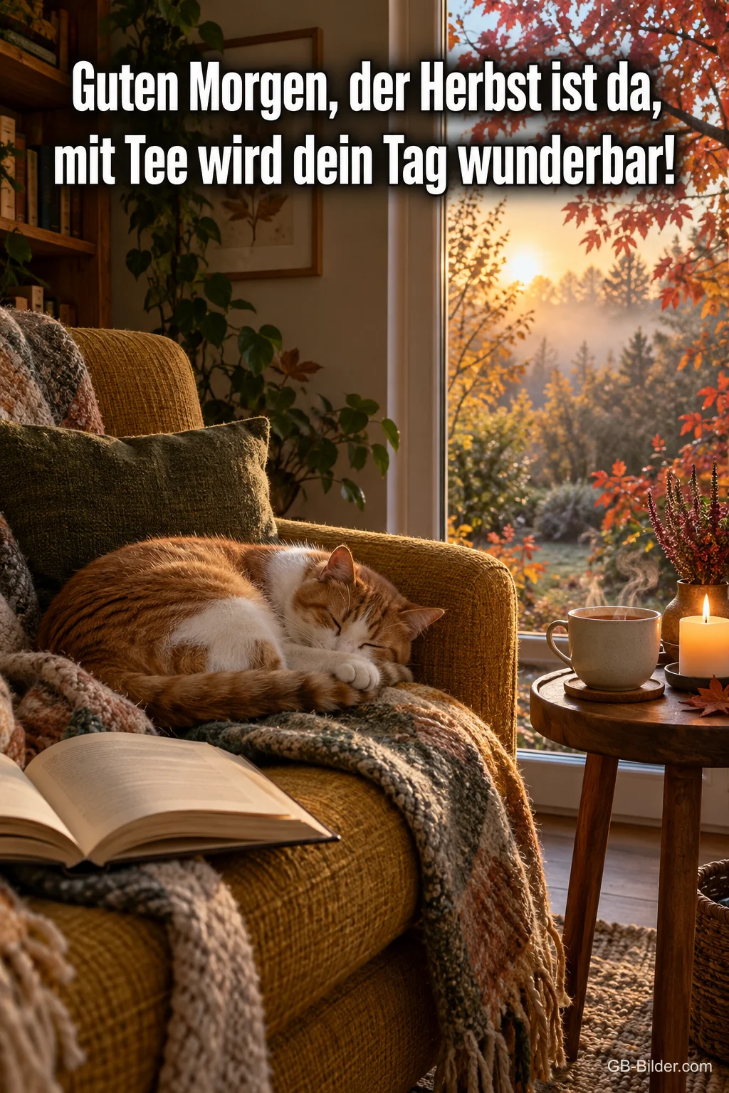 Katze schläft im Sessel neben Tee und Kerze, draußen Herbstlaub, Text: Guten Morgen, der Herbst ist da, mit Tee wird dein Tag wunderbar!