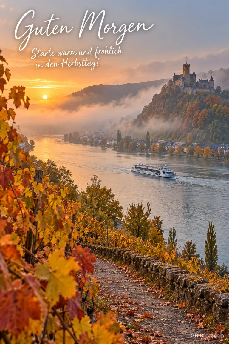 Nebliges Rheintal mit Burg und Schiff im Herbst, Text: Guten Morgen! Starte warm und fröhlich in den Herbsttag!
