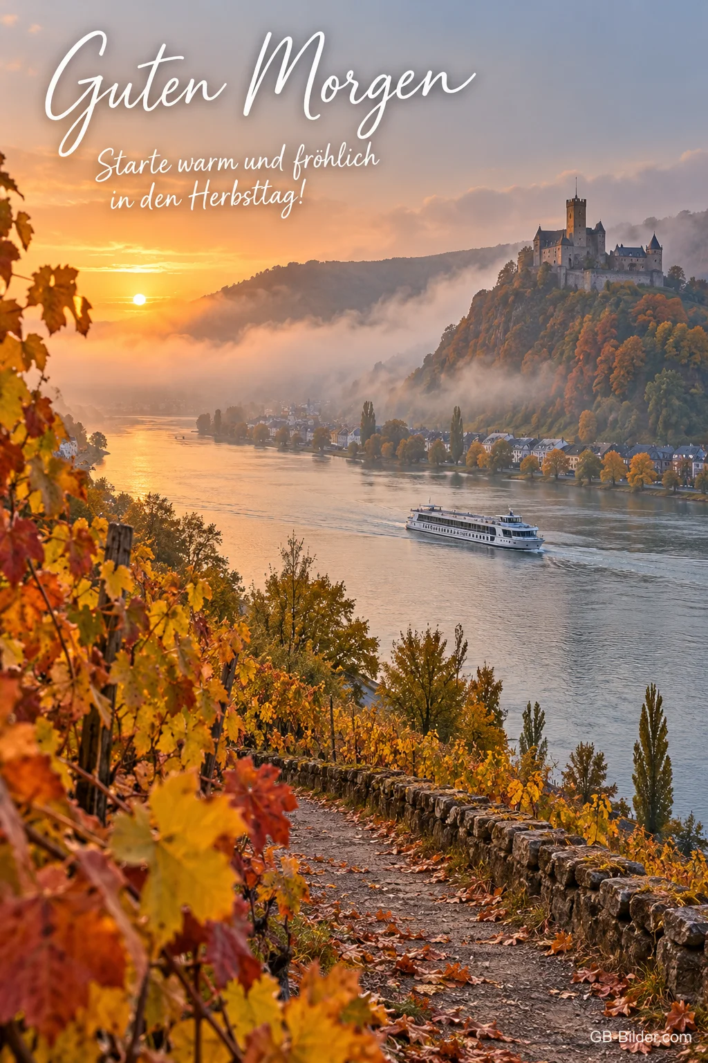 Nebliges Rheintal mit Burg und Schiff im Herbst, Text: Guten Morgen! Starte warm und fröhlich in den Herbsttag! Nebliges Rheintal mit Burg und Schiff im Herbst, Text: Guten Morgen! Starte warm und fröhlich in den Herbsttag!