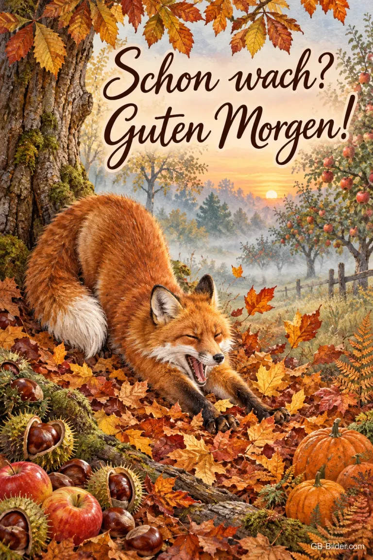 Gähnender Fuchs streckt sich im Herbstlaub, Text: Schon wach? Guten Morgen!