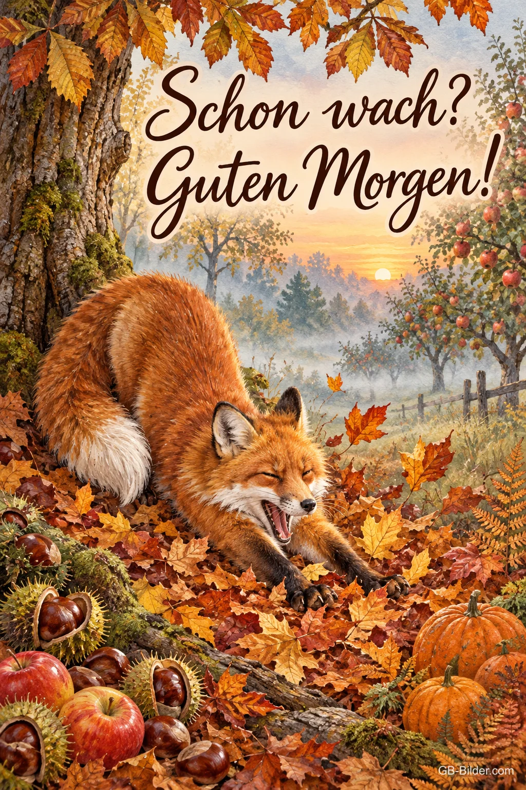 Gähnender Fuchs streckt sich im Herbstlaub, Text: Schon wach? Guten Morgen!