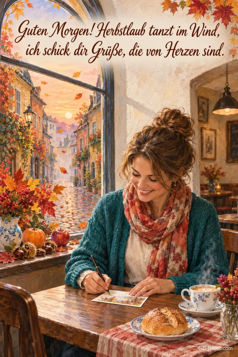 Frau schreibt im herbstlichen Café eine Postkarte, Text: Guten Morgen! Herbstlaub tanzt im Wind, ich schick dir Grüße, die von Herzen sind.