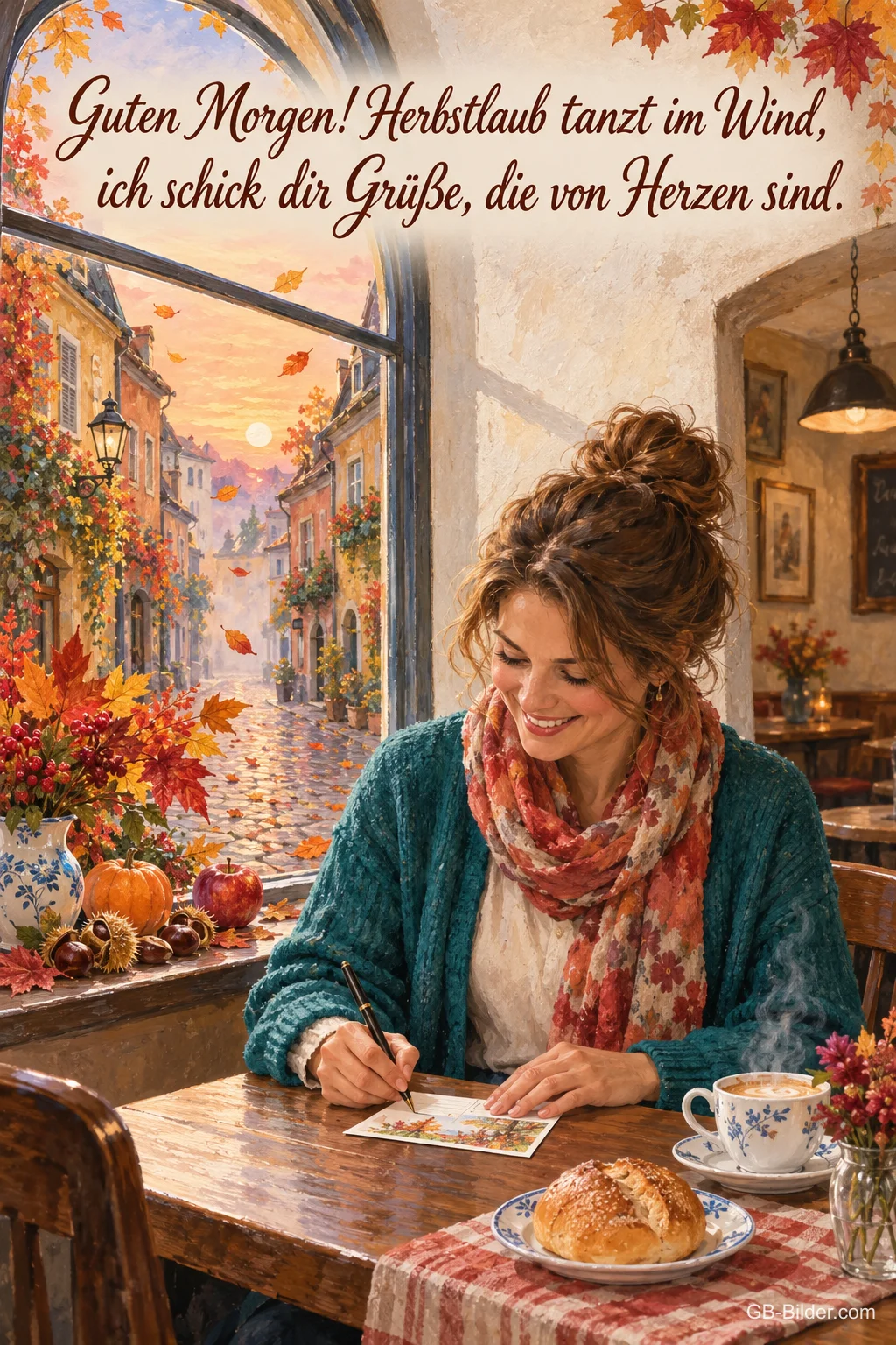 Frau schreibt im herbstlichen Café eine Postkarte, Text: Guten Morgen! Herbstlaub tanzt im Wind, ich schick dir Grüße, die von Herzen sind.