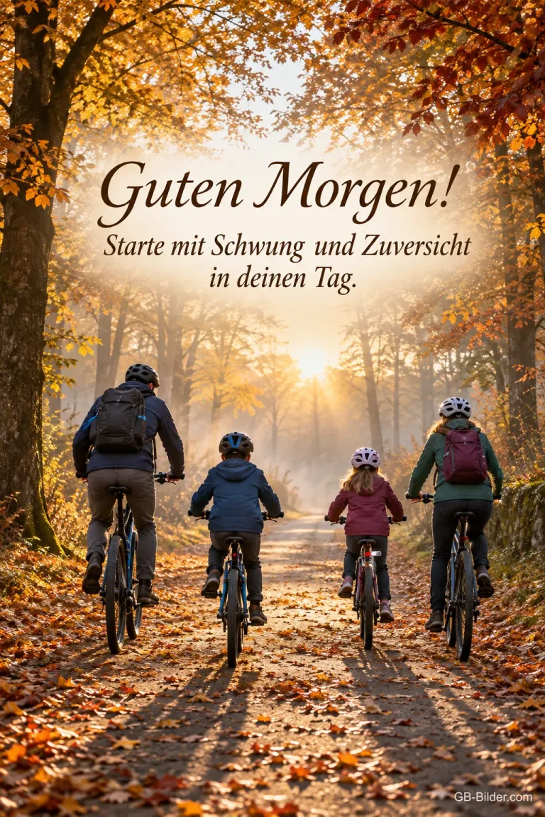Familie fährt mit dem Rad durch eine goldene Herbstallee, Text: Guten Morgen! Starte mit Schwung und Zuversicht in deinen Tag.