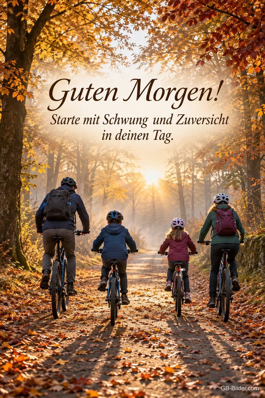 Familie fährt mit dem Rad durch eine goldene Herbstallee, Text: Guten Morgen! Starte mit Schwung und Zuversicht in deinen Tag. Familie fährt mit dem Rad durch eine goldene Herbstallee, Text: Guten Morgen! Starte mit Schwung und Zuversicht in deinen Tag.