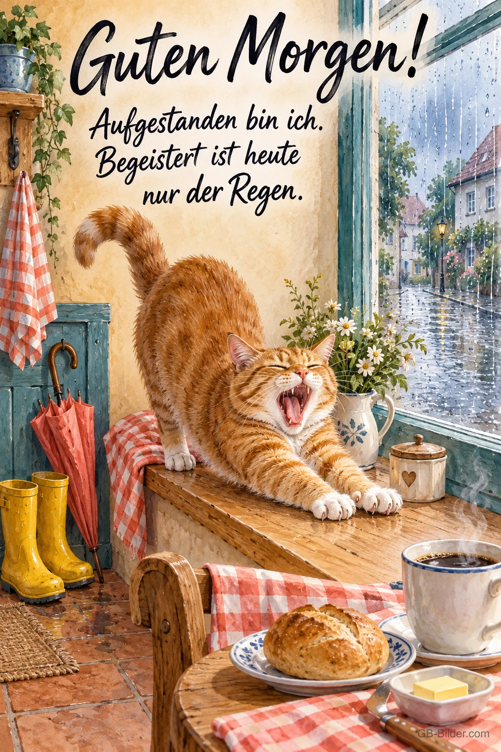 Gähnende Katze auf der Fensterbank an einem Regenmorgen, Text: Guten Morgen! Aufgestanden bin ich. Begeistert ist heute nur der Regen. Gähnende Katze auf der Fensterbank an einem Regenmorgen, Text: Guten Morgen! Aufgestanden bin ich. Begeistert ist heute nur der Regen.