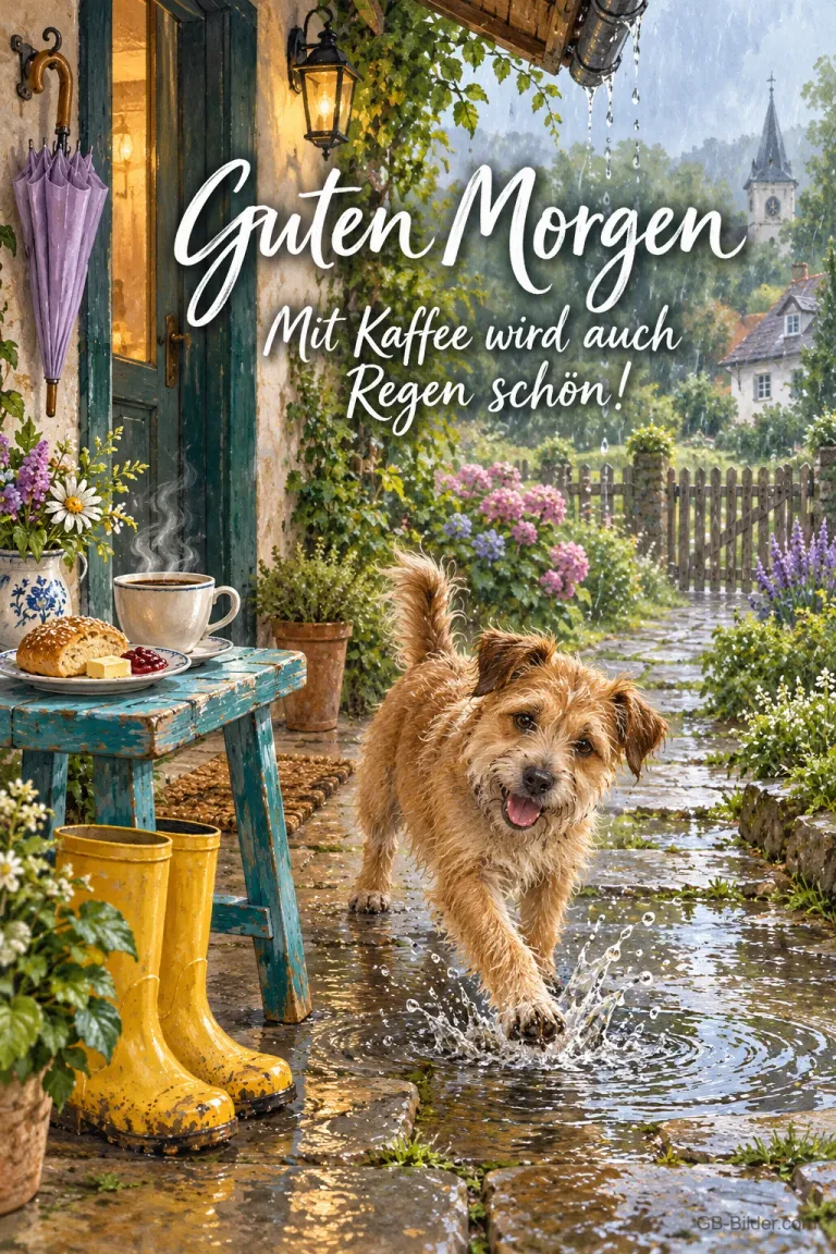Hund rennt durch Regenpfützen vor einer Haustür, Text: Guten Morgen! Mit Kaffee wird auch Regen schön!