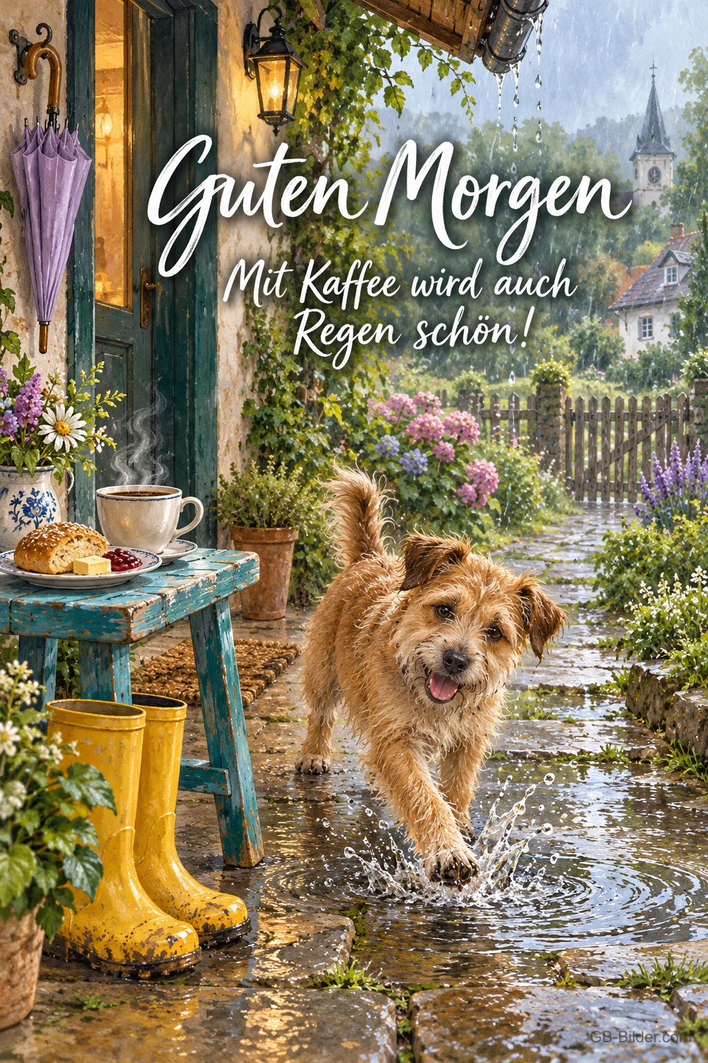 Hund rennt durch Regenpfützen vor einer Haustür, Text: Guten Morgen! Mit Kaffee wird auch Regen schön! Hund rennt durch Regenpfützen vor einer Haustür, Text: Guten Morgen! Mit Kaffee wird auch Regen schön!