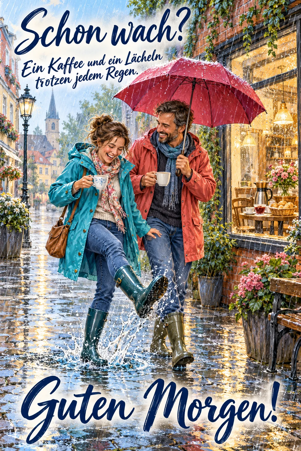 Lachendes Paar mit Schirm und Kaffee springt durch Regenpfützen, Text: Schon wach? Ein Kaffee und ein Lächeln trotzen jedem Regen. Guten Morgen! Lachendes Paar mit Schirm und Kaffee springt durch Regenpfützen, Text: Schon wach? Ein Kaffee und ein Lächeln trotzen jedem Regen. Guten Morgen!