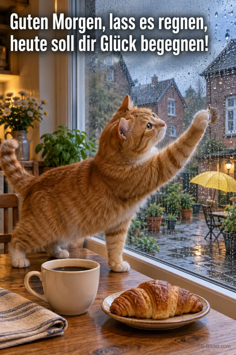 Katze tapst an die regennasse Fensterscheibe, davor Kaffee und Croissant, Text: Guten Morgen, lass es regnen, heute soll dir Glück begegnen!