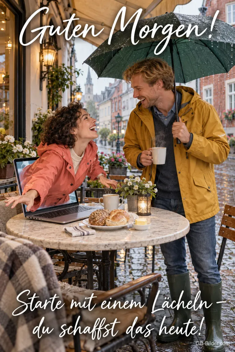 Paar frühstückt unter einem Schirm in einer regnerischen Gasse, Text: Guten Morgen! Starte mit einem Lächeln – du schaffst das heute!