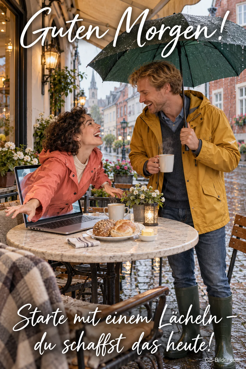 Paar frühstückt unter einem Schirm in einer regnerischen Gasse, Text: Guten Morgen! Starte mit einem Lächeln – du schaffst das heute! Paar frühstückt unter einem Schirm in einer regnerischen Gasse, Text: Guten Morgen! Starte mit einem Lächeln – du schaffst das heute!