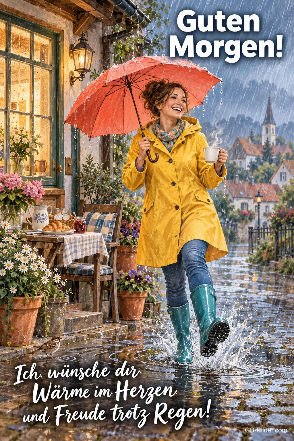 Frau in gelber Regenjacke mit Schirm und Kaffee in einer nassen Gasse, Text: Guten Morgen! Ich wünsche dir Wärme im Herzen und Freude trotz Regen!