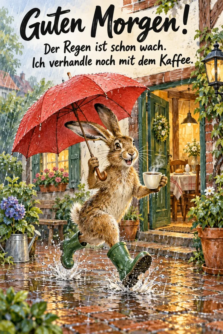 Hase mit rotem Schirm und Kaffeetasse hüpft durch Pfützen, Text: Guten Morgen! Der Regen ist schon wach. Ich verhandle noch mit dem Kaffee.