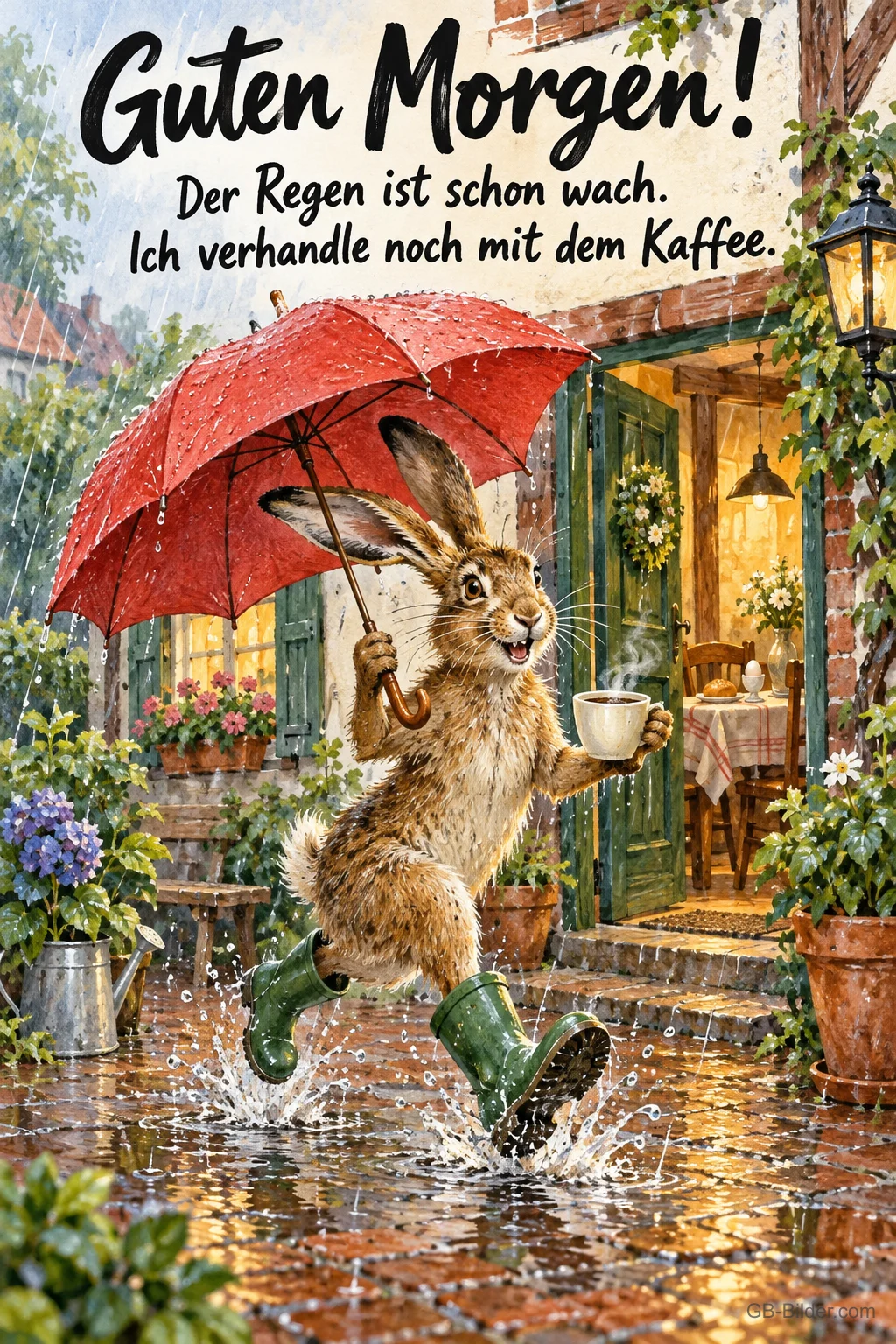 Hase mit rotem Schirm und Kaffeetasse hüpft durch Pfützen, Text: Guten Morgen! Der Regen ist schon wach. Ich verhandle noch mit dem Kaffee. Hase mit rotem Schirm und Kaffeetasse hüpft durch Pfützen, Text: Guten Morgen! Der Regen ist schon wach. Ich verhandle noch mit dem Kaffee.