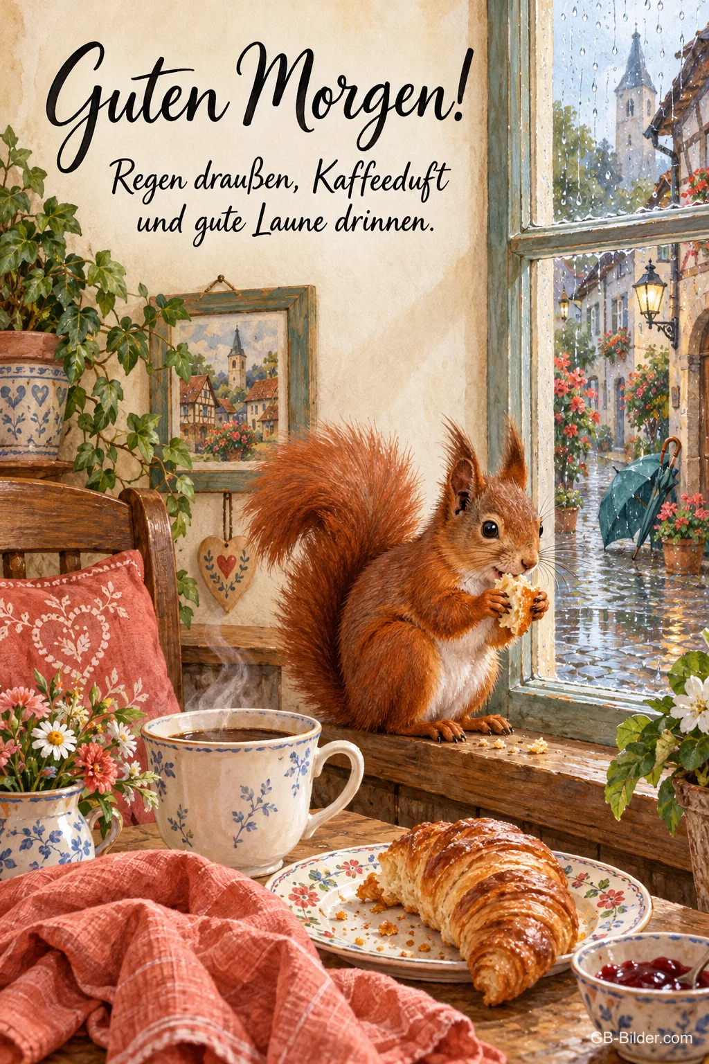 Eichhörnchen am Fenster neben Kaffee und Croissant an einem Regenmorgen, Text: Guten Morgen! Regen draußen, Kaffeeduft und gute Laune drinnen. Eichhörnchen am Fenster neben Kaffee und Croissant an einem Regenmorgen, Text: Guten Morgen! Regen draußen, Kaffeeduft und gute Laune drinnen.