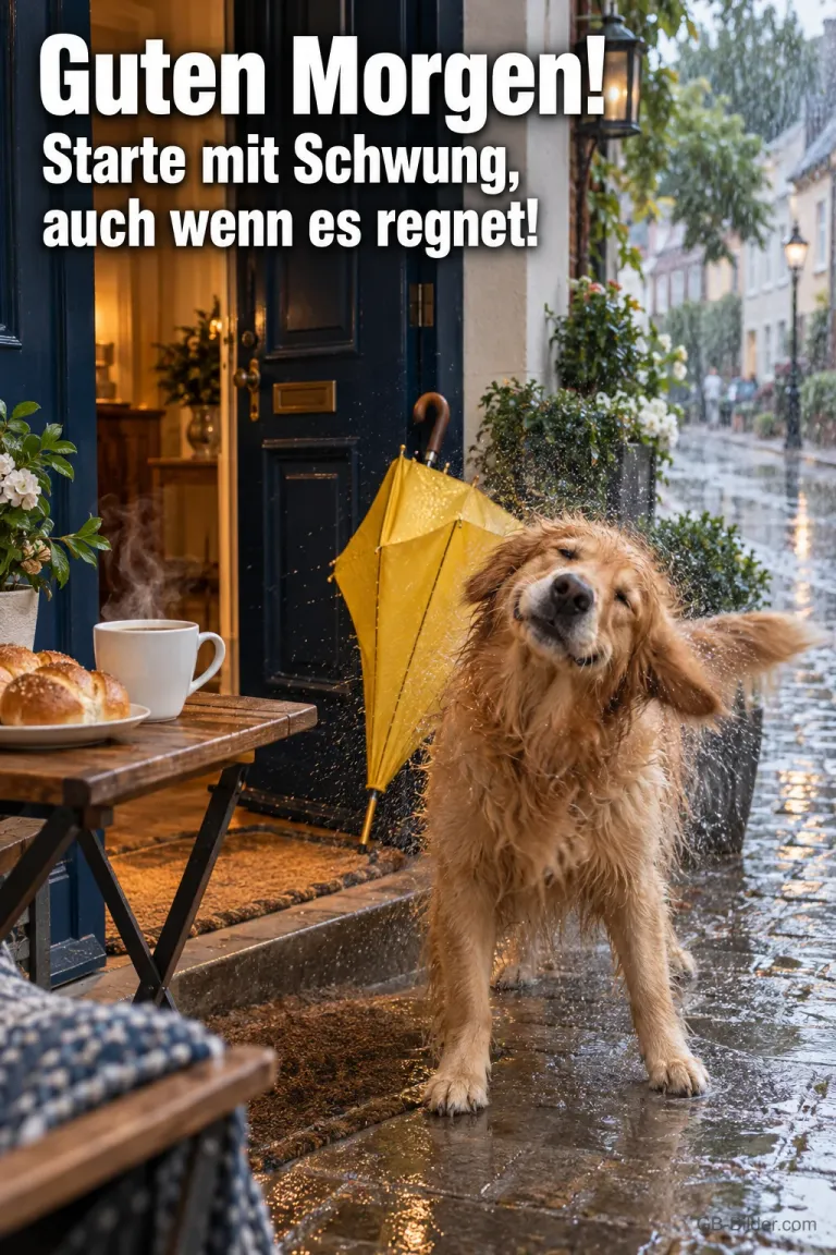 Nasser Hund schüttelt sich im Regen vor einer Haustür, Text: Guten Morgen! Starte mit Schwung, auch wenn es regnet!