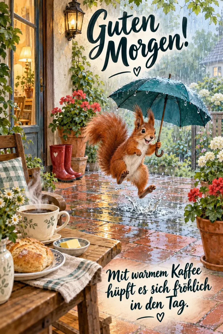 Eichhörnchen hüpft mit Schirm durch den Regen, Text: Guten Morgen! Mit warmem Kaffee hüpft es sich fröhlich in den Tag.
