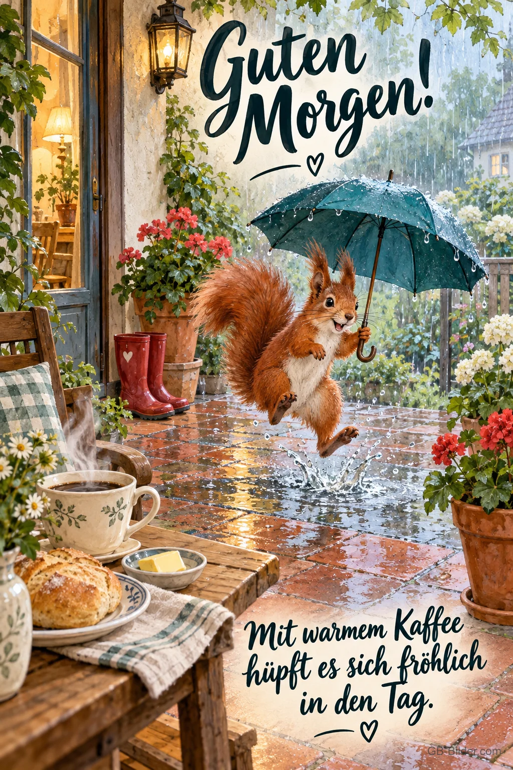 Eichhörnchen hüpft mit Schirm durch den Regen, Text: Guten Morgen! Mit warmem Kaffee hüpft es sich fröhlich in den Tag.