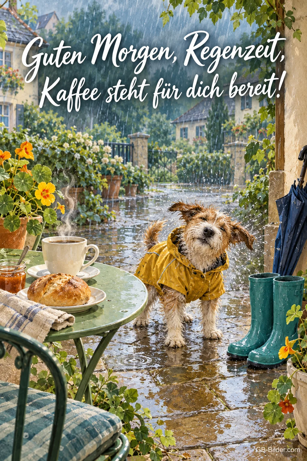 Kleiner Hund im gelben Regenmantel neben einem Gartentisch, Text: Guten Morgen, Regenzeit, Kaffee steht für dich bereit! Kleiner Hund im gelben Regenmantel neben einem Gartentisch, Text: Guten Morgen, Regenzeit, Kaffee steht für dich bereit!