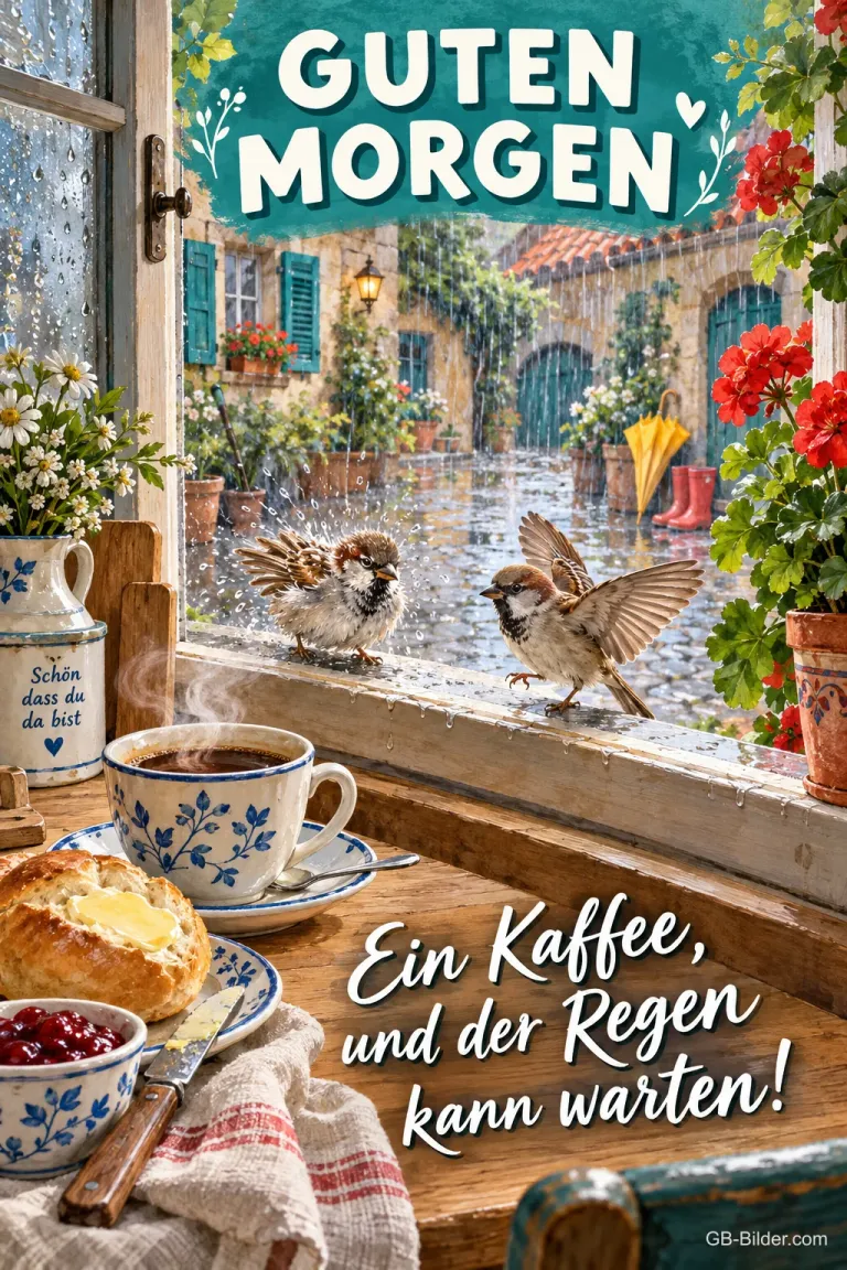Zwei Spatzen auf der regennassen Fensterbank neben Kaffee und Brötchen, Text: Guten Morgen! Ein Kaffee, und der Regen kann warten!