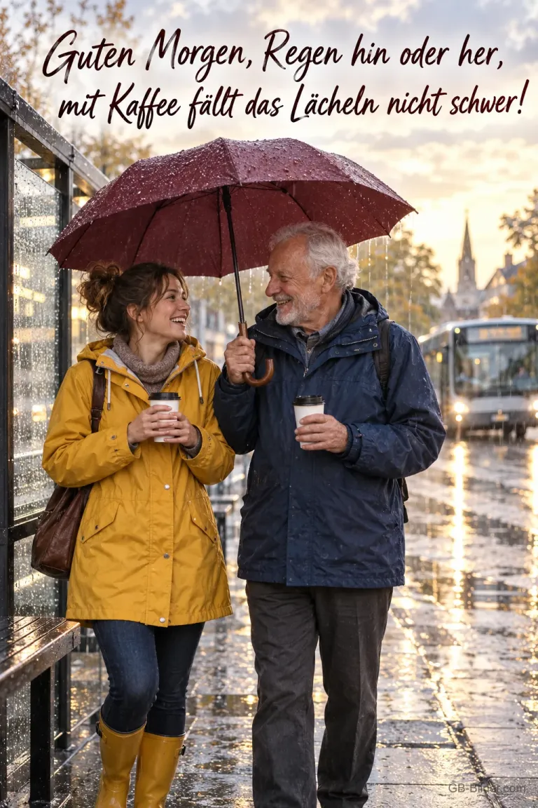 Junge Frau und älterer Mann teilen sich an der Bushaltestelle einen Schirm, Text: Guten Morgen, Regen hin oder her, mit Kaffee fällt das Lächeln nicht schwer!