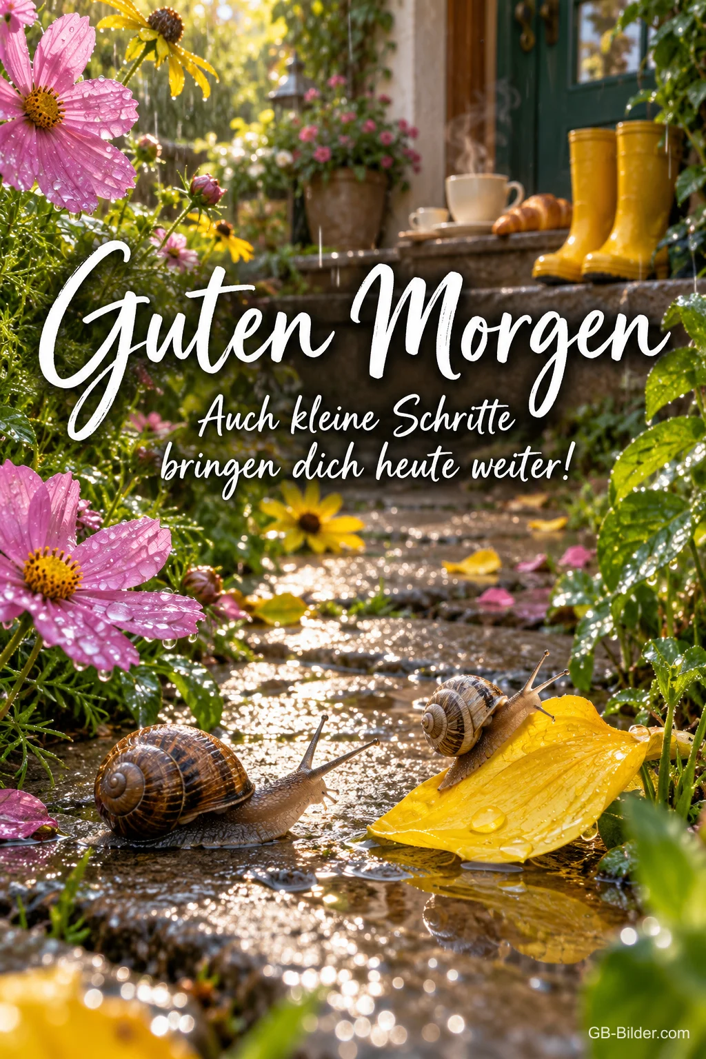 Zwei Schnecken auf einem nassen Gartenweg zwischen Blumen, Text: Guten Morgen! Auch kleine Schritte bringen dich heute weiter! Zwei Schnecken auf einem nassen Gartenweg zwischen Blumen, Text: Guten Morgen! Auch kleine Schritte bringen dich heute weiter!