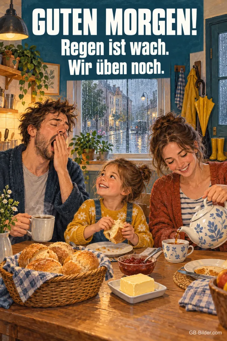 Familie beim Frühstück, der Vater gähnt, draußen regnet es, Text: Guten Morgen! Regen ist wach. Wir üben noch.