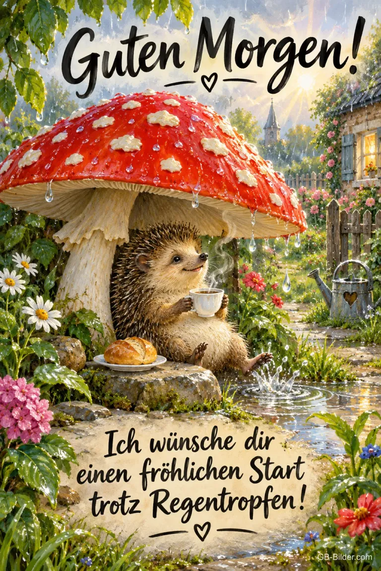 Igel mit Kaffeetasse unter einem roten Pilz im Regen, Text: Guten Morgen! Ich wünsche dir einen fröhlichen Start trotz Regentropfen!