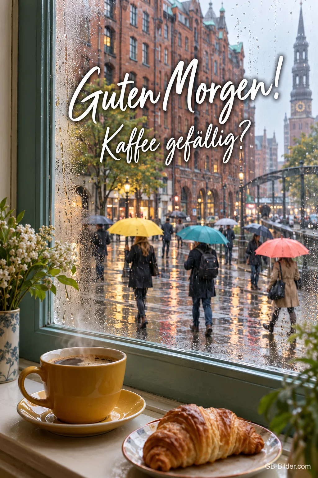 Kaffee und Croissant am Fenster, draußen eine regnerische Hamburger Straße, Text: Guten Morgen! Kaffee gefällig? Kaffee und Croissant am Fenster, draußen eine regnerische Hamburger Straße, Text: Guten Morgen! Kaffee gefällig?