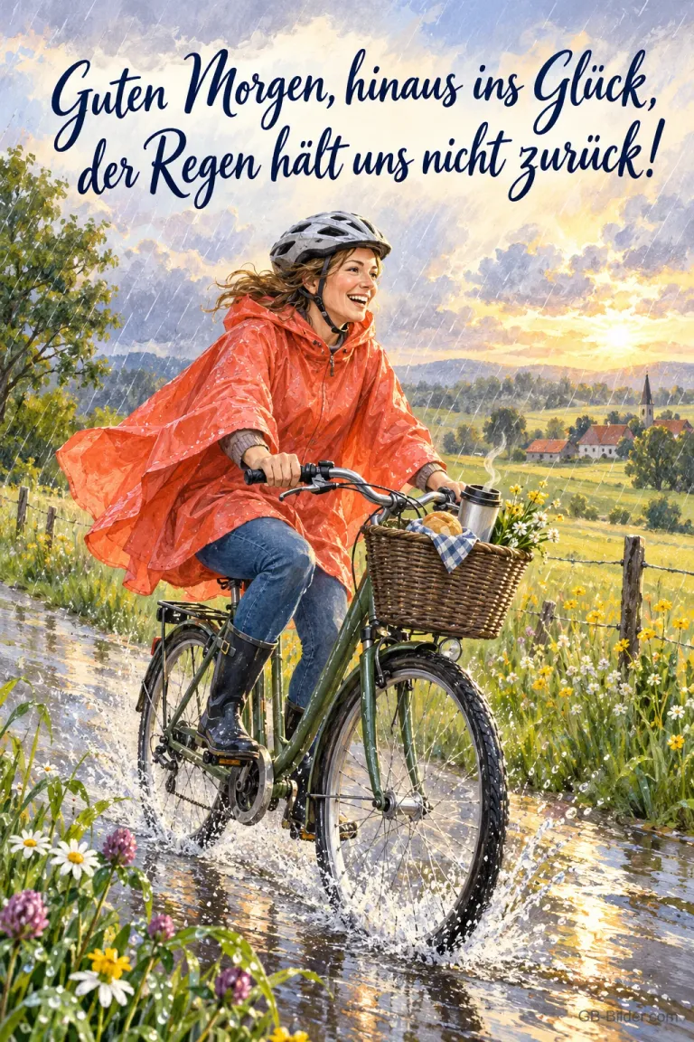 Frau im Regenponcho fährt mit dem Fahrrad durch den Regen, Text: Guten Morgen, hinaus ins Glück, der Regen hält uns nicht zurück!