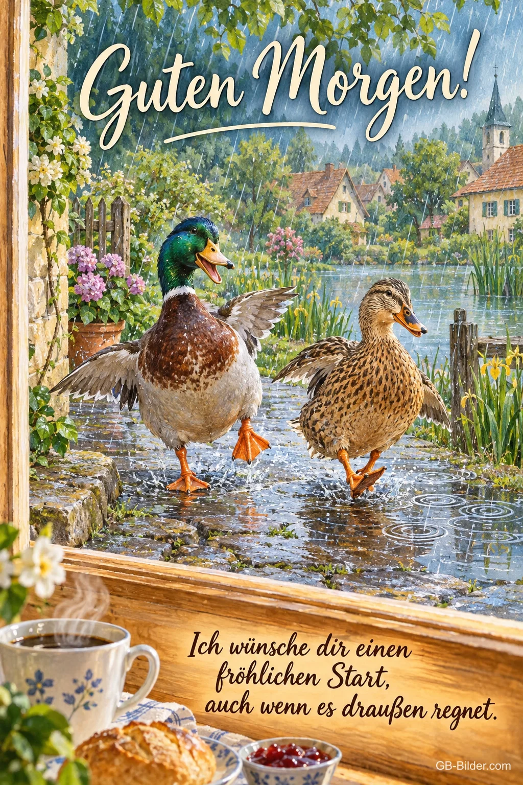Zwei Enten watscheln durch den Regen am Dorfteich, Text: Guten Morgen! Ich wünsche dir einen fröhlichen Start, auch wenn es draußen regnet. Zwei Enten watscheln durch den Regen am Dorfteich, Text: Guten Morgen! Ich wünsche dir einen fröhlichen Start, auch wenn es draußen regnet.