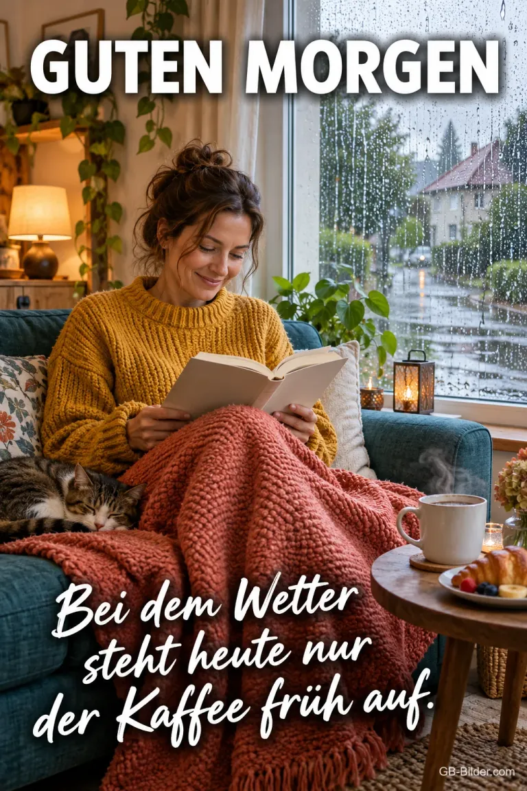 Frau liest unter einer Decke, draußen regnet es, Text: Guten Morgen! Bei dem Wetter steht heute nur der Kaffee früh auf.