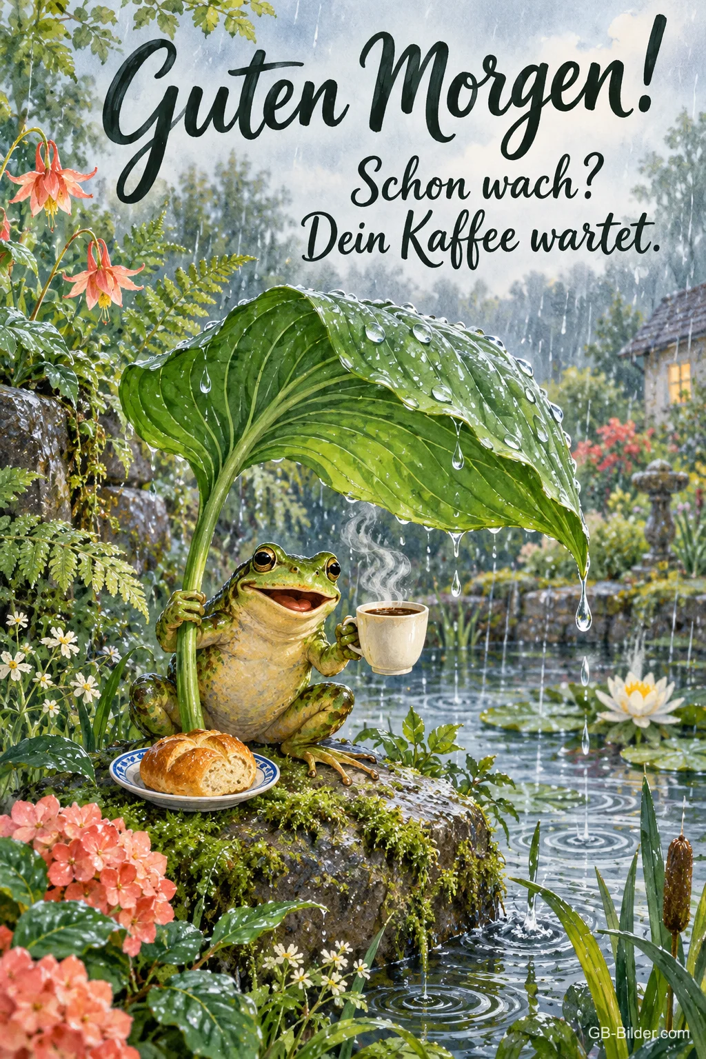 Frosch mit Kaffeetasse unter einem Blatt im Regen, Text: Guten Morgen! Schon wach? Dein Kaffee wartet.