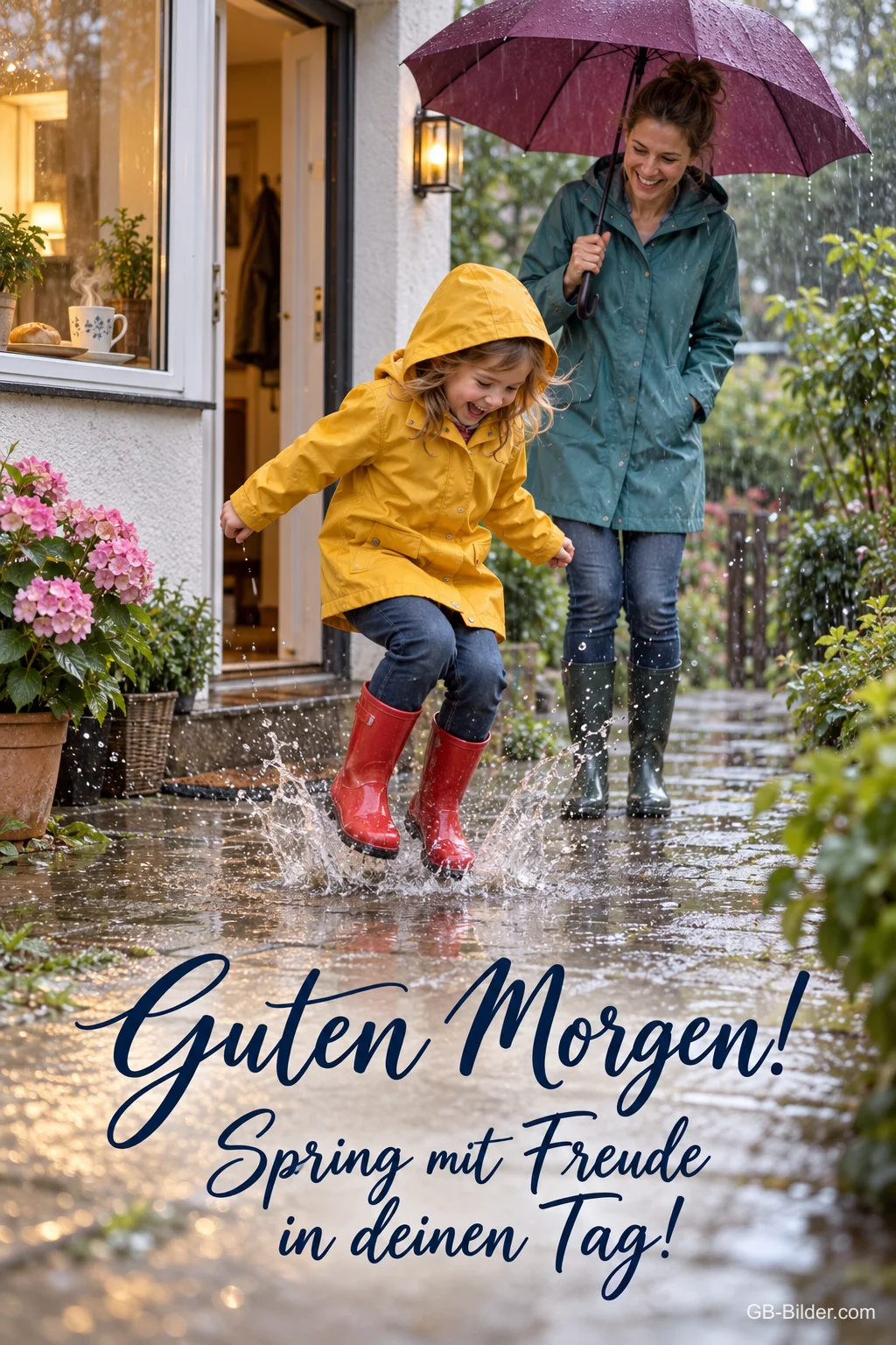 Kind springt in eine Pfütze, die Mutter lacht unter dem Schirm, Text: Guten Morgen! Spring mit Freude in deinen Tag!