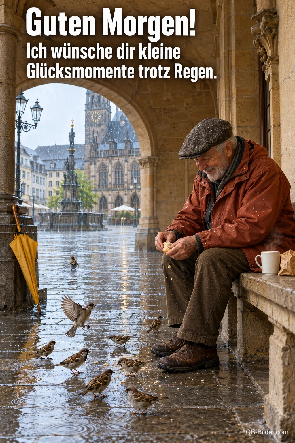 Älterer Mann füttert unter Arkaden im Regen Spatzen, Text: Guten Morgen! Ich wünsche dir kleine Glücksmomente trotz Regen. Älterer Mann füttert unter Arkaden im Regen Spatzen, Text: Guten Morgen! Ich wünsche dir kleine Glücksmomente trotz Regen.