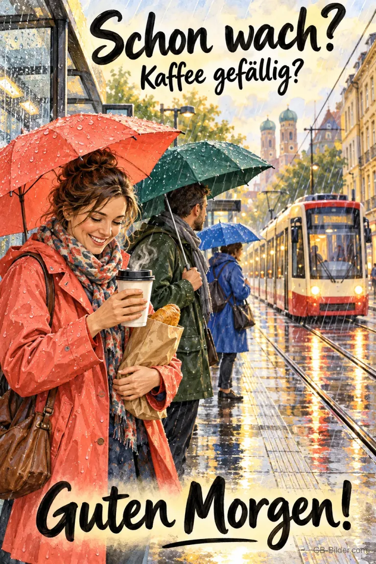 Menschen mit Schirmen an einer Straßenbahnhaltestelle im Regen, Text: Schon wach? Kaffee gefällig? Guten Morgen!