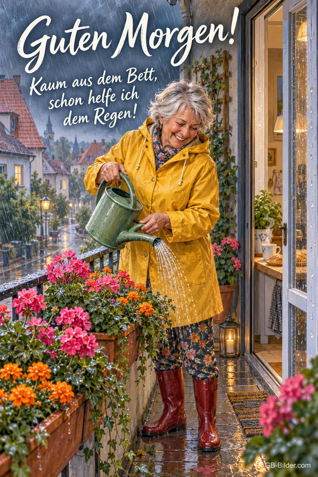 Ältere Frau gießt im Regen lachend ihre Balkonblumen, Text: Guten Morgen! Kaum aus dem Bett, schon helfe ich dem Regen! Ältere Frau gießt im Regen lachend ihre Balkonblumen, Text: Guten Morgen! Kaum aus dem Bett, schon helfe ich dem Regen!
