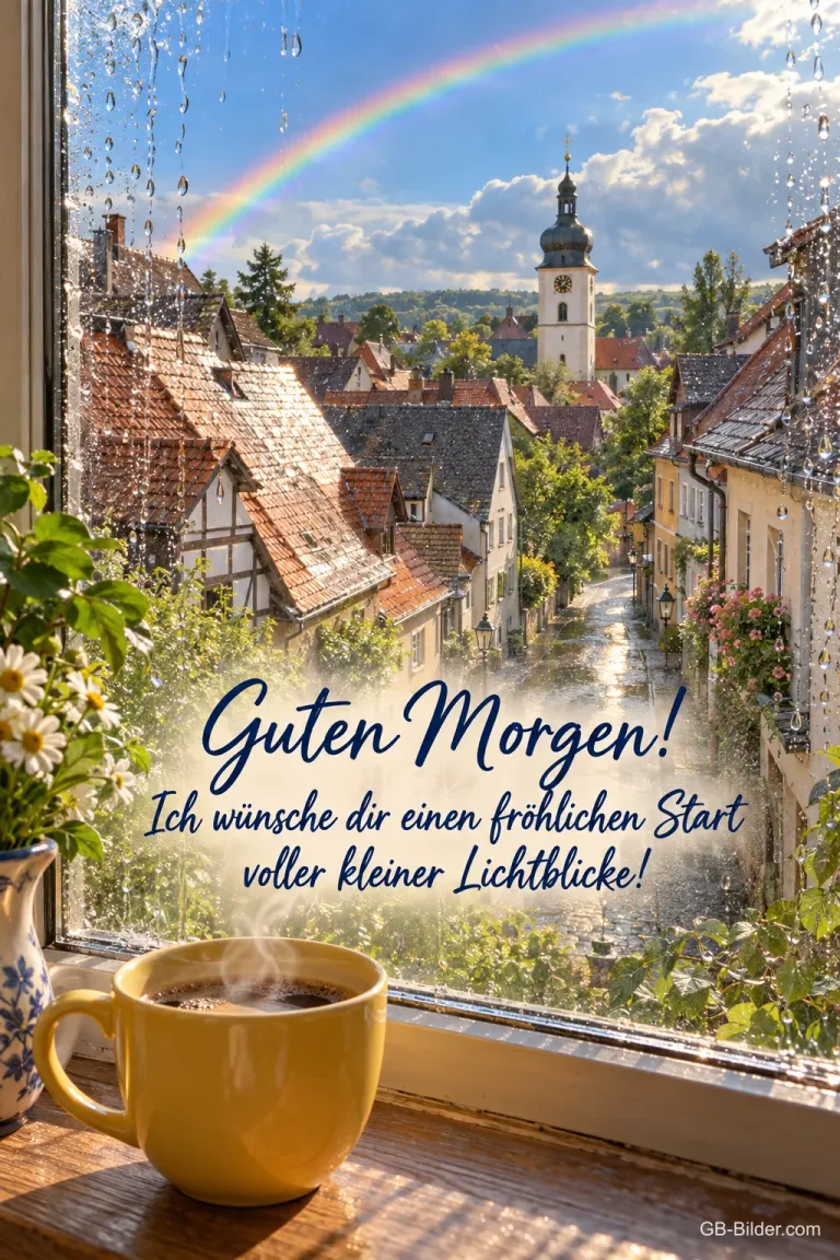 Regenbogen über nassen Dächern, davor eine Tasse am Fenster, Text: Guten Morgen! Ich wünsche dir einen fröhlichen Start voller kleiner Lichtblicke!