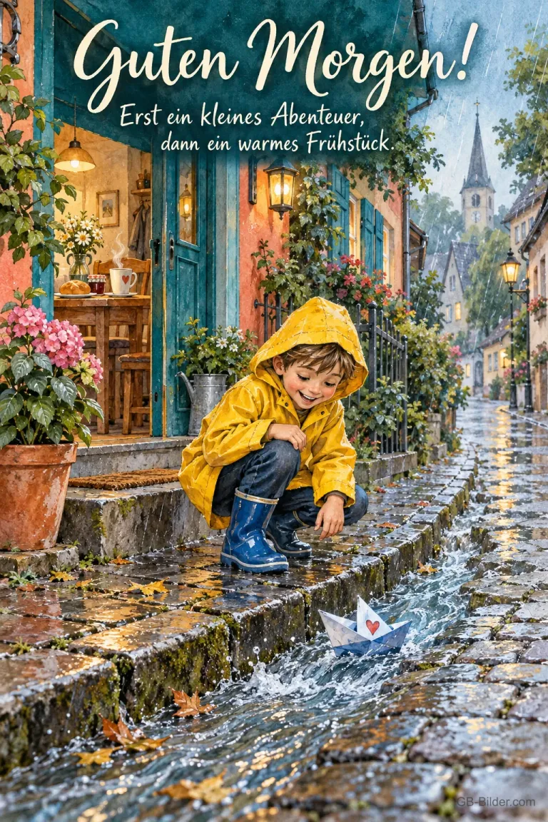 Junge schaut seinem Papierschiff im Regen nach, Text: Guten Morgen! Erst ein kleines Abenteuer, dann ein warmes Frühstück.