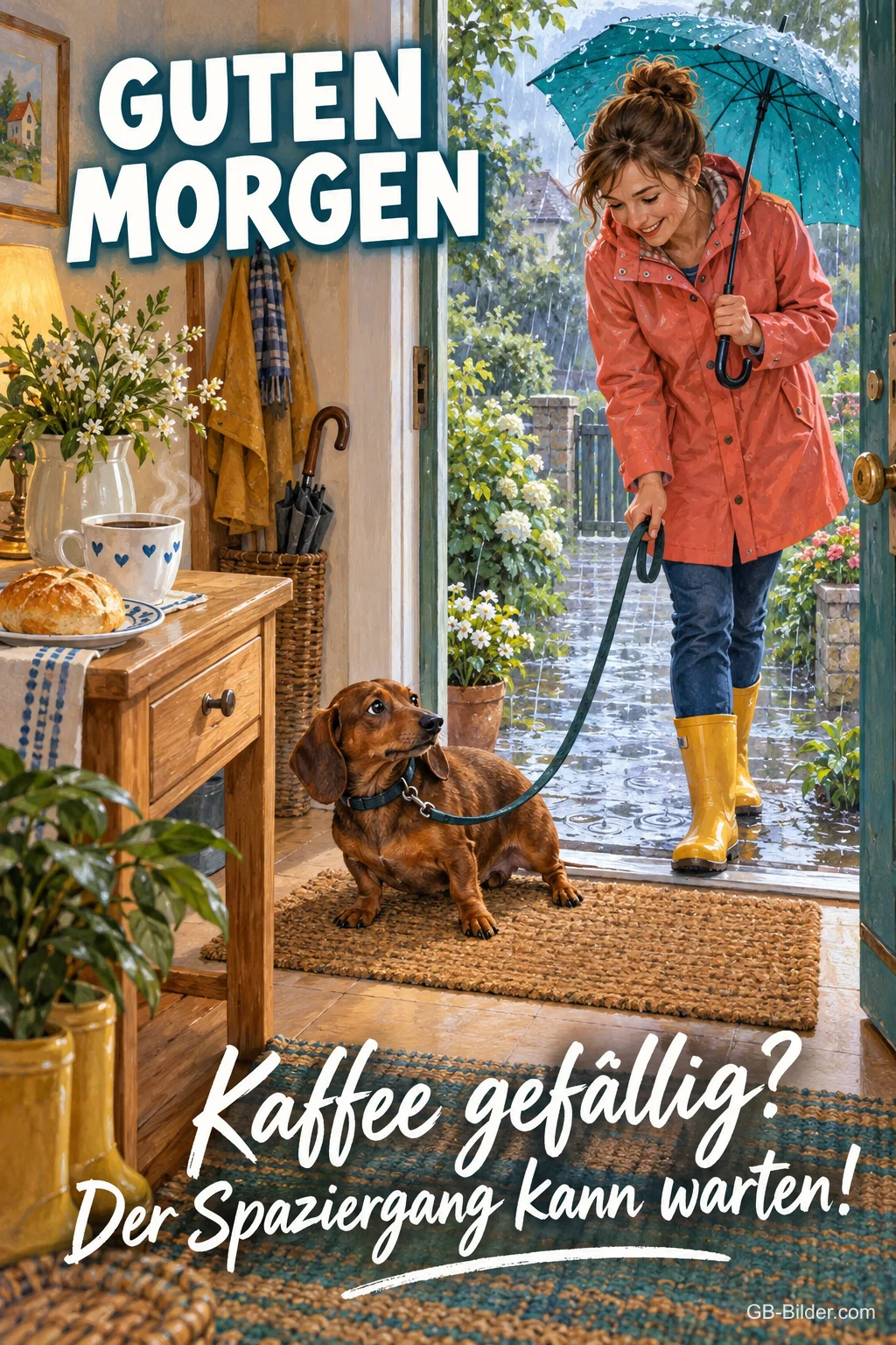 Dackel will nicht in den Regen, Frau mit Leine und Schirm an der Tür, Text: Guten Morgen! Kaffee gefällig? Der Spaziergang kann warten! Dackel will nicht in den Regen, Frau mit Leine und Schirm an der Tür, Text: Guten Morgen! Kaffee gefällig? Der Spaziergang kann warten!