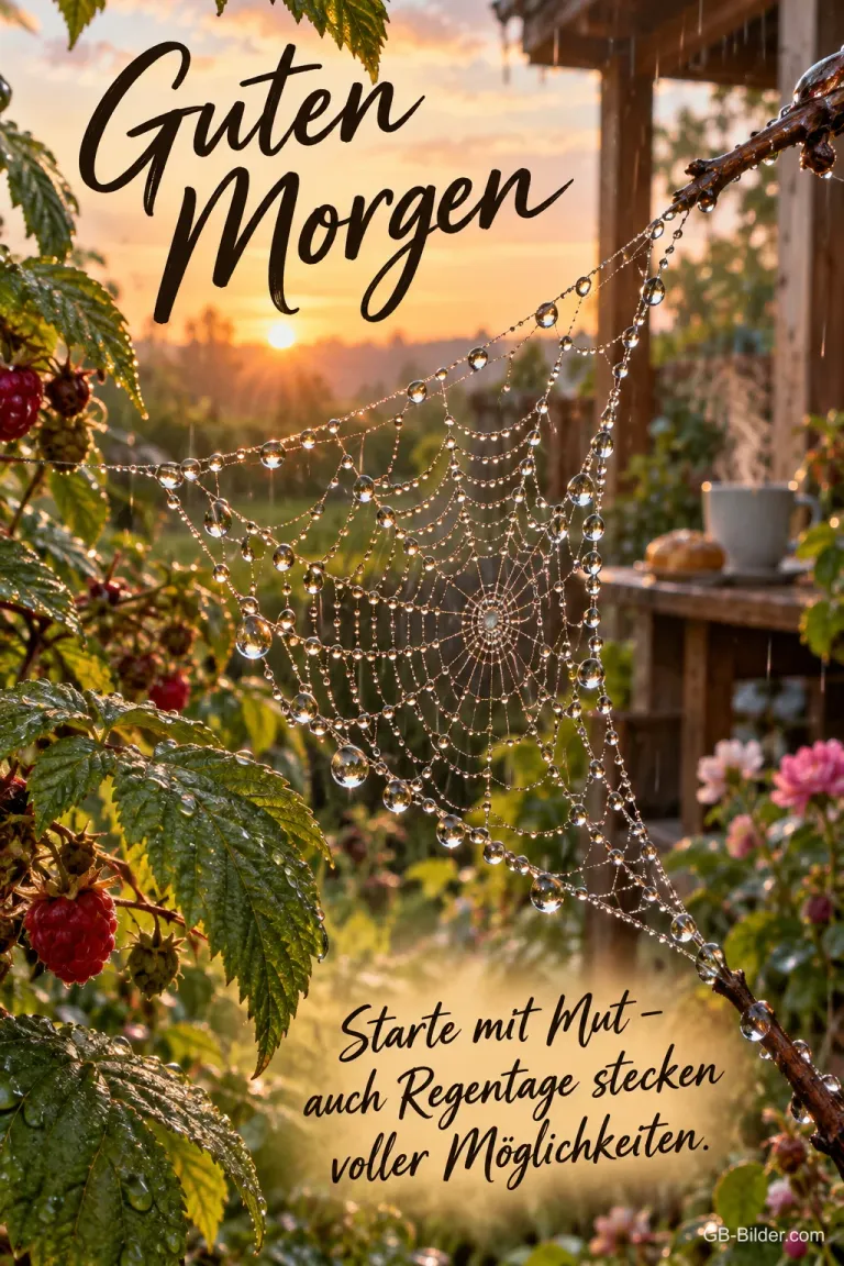 Spinnennetz voller Regentropfen im Morgenlicht, Text: Guten Morgen! Starte mit Mut – auch Regentage stecken voller Möglichkeiten.