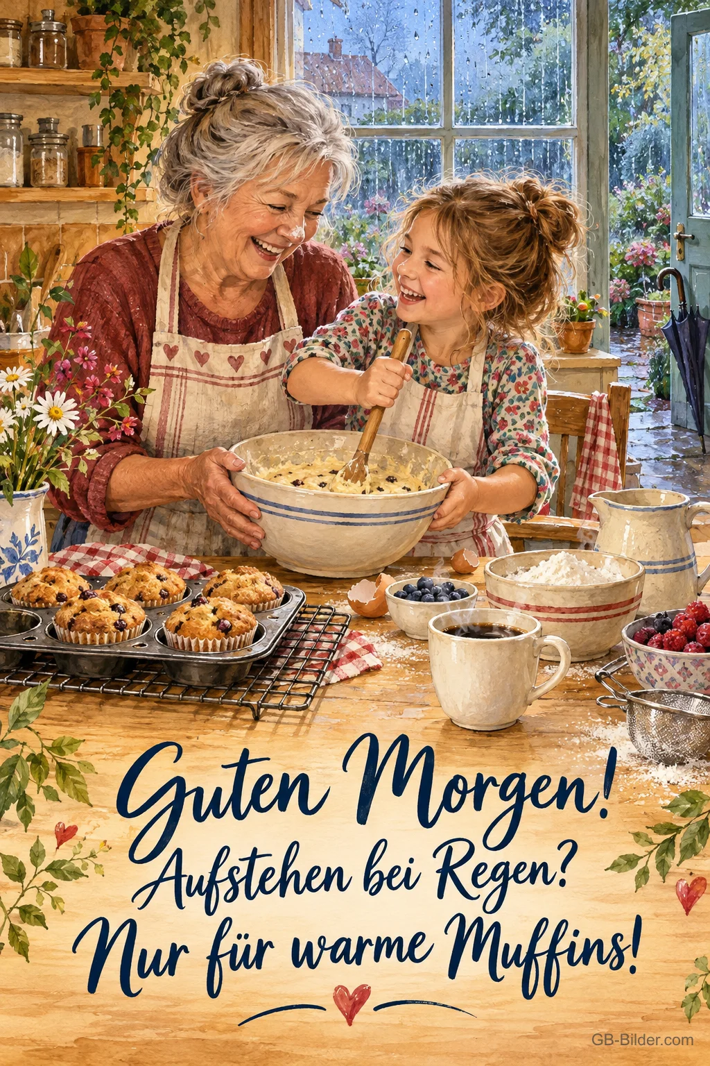 Oma und Enkelin backen Muffins an einem Regenmorgen, Text: Guten Morgen! Aufstehen bei Regen? Nur für warme Muffins! Oma und Enkelin backen Muffins an einem Regenmorgen, Text: Guten Morgen! Aufstehen bei Regen? Nur für warme Muffins!