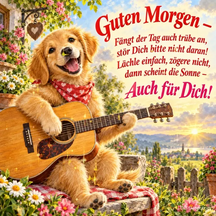 Golden-Retriever-Welpe spielt Gitarre im Blumengarten, Text: Guten Morgen – Fängt der Tag auch trübe an, stör Dich bitte nicht daran! Lächle einfach, zögere nicht, dann scheint die Sonne – Auch für Dich!