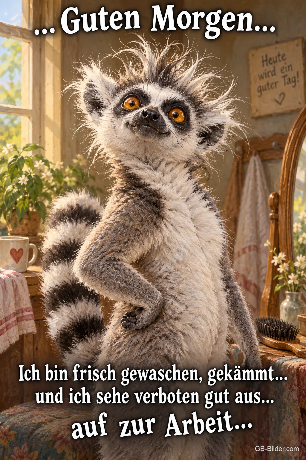 Katta mit wild zerzausten Haaren posiert stolz vor einem Spiegel, Text: … Guten Morgen … Ich bin frisch gewaschen, gekämmt … und ich sehe verboten gut aus … auf zur Arbeit …