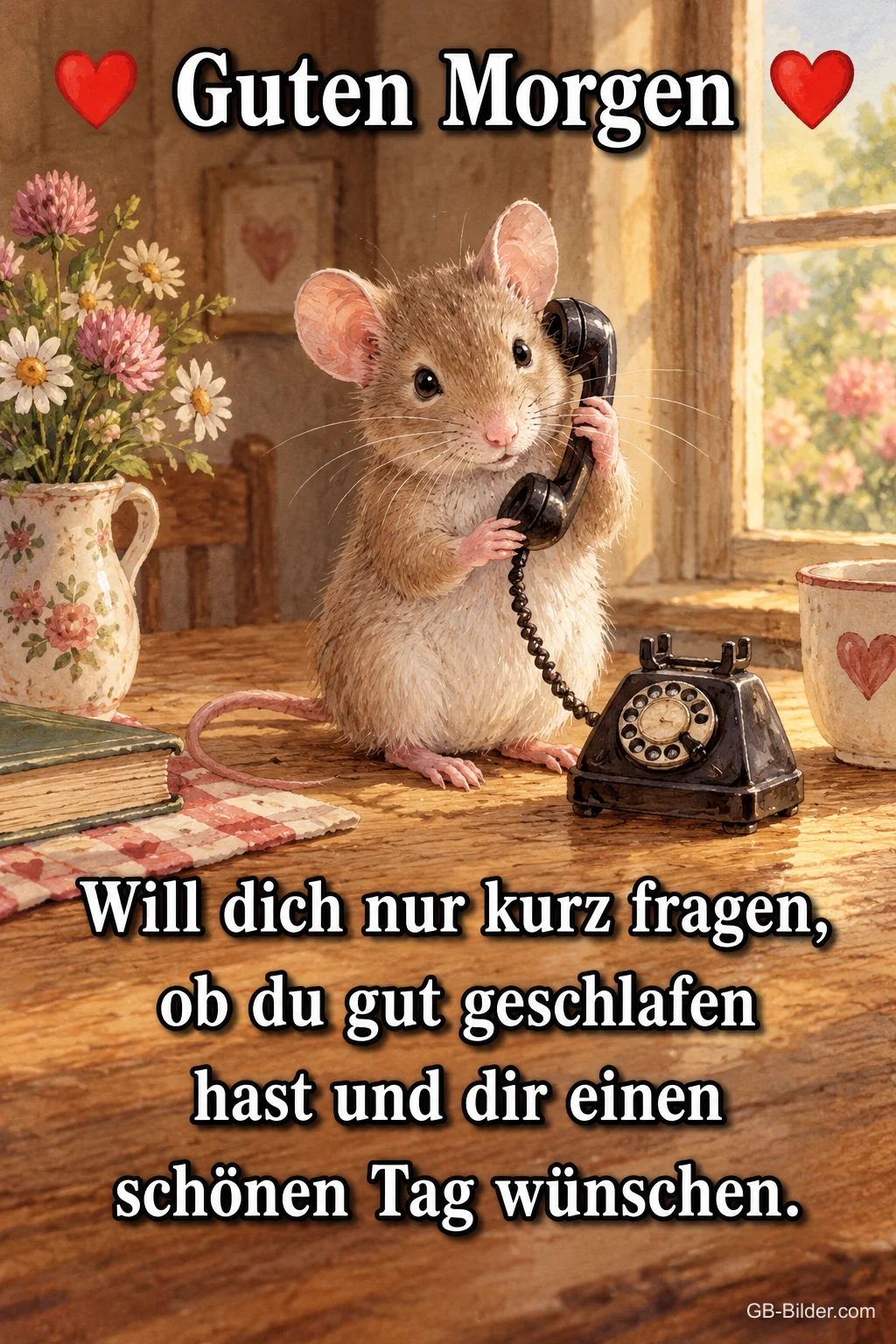 Maus am Telefon, Text: Guten Morgen