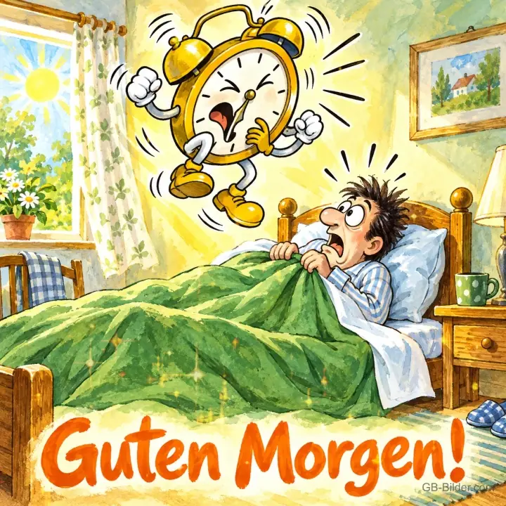 Wecker hüpft schreiend vor einem erschrockenen Mann im Bett, Text: Guten Morgen!